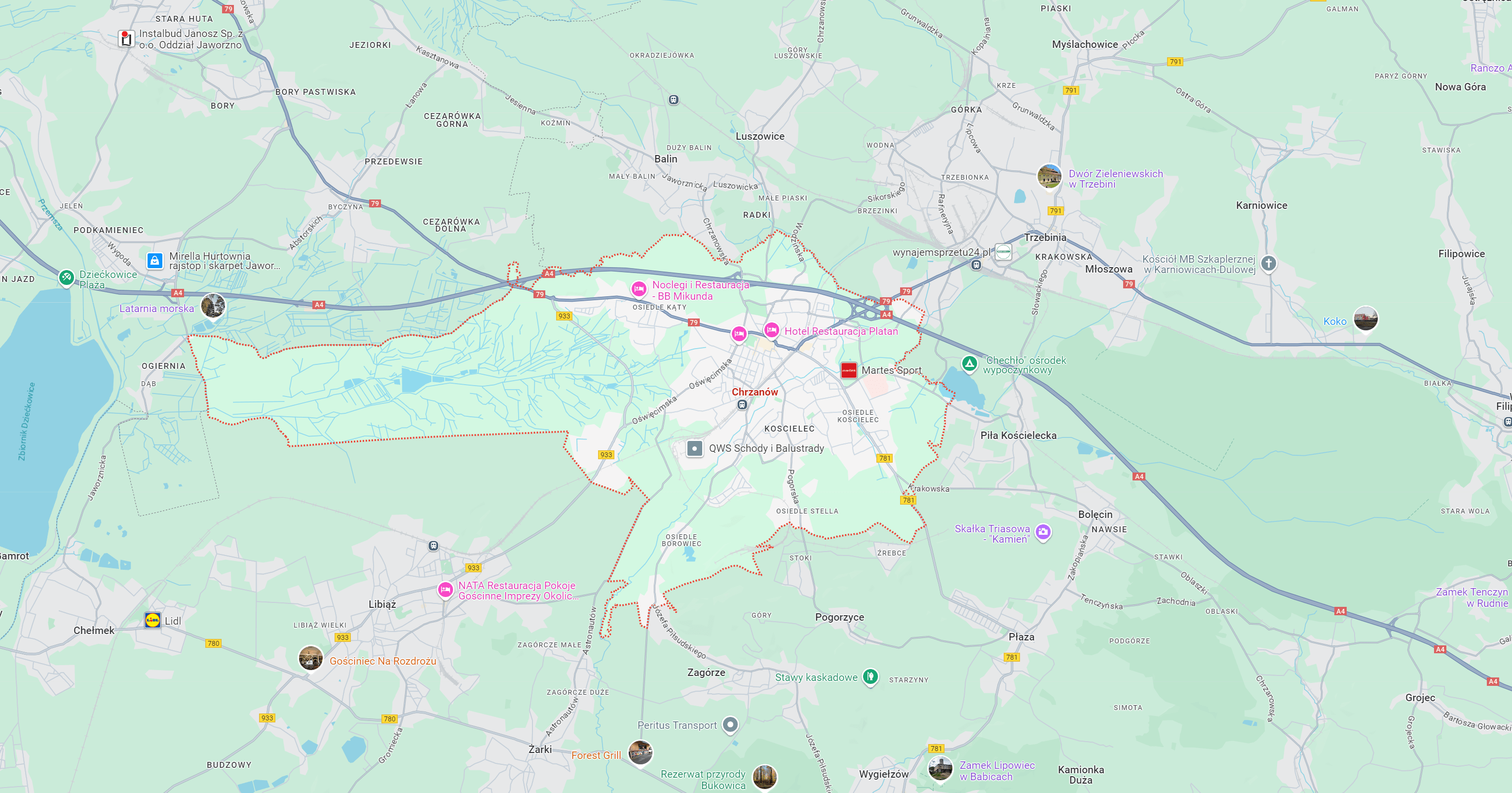 Mapa regionu z oznaczeniami miejscowości i dróg, z widocznymi punktami użyteczności publicznej oraz atrakcjami turystycznymi w okolicach Chrzanowa, idealna dla osób planujących odwiedzenie myjni bezdotykowej w tym rejonie.
