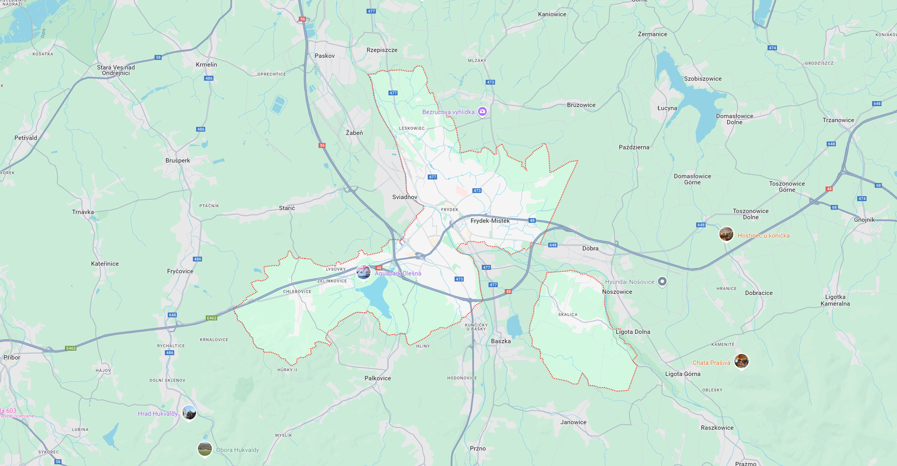 Mapa regionu Frydek-Mistek z ważnymi miejscowościami takimi jak Bruszperk, Frydlant nad Ostravice i Sviadnov. Zaznaczone drogi i atrakcje, idealne dla osób planujących podróż lub eksplorację okolicy. Myjnie bezdotykowe w pobliskich miejscowościach mogą ułatwić utrzymanie czystości pojazdów.