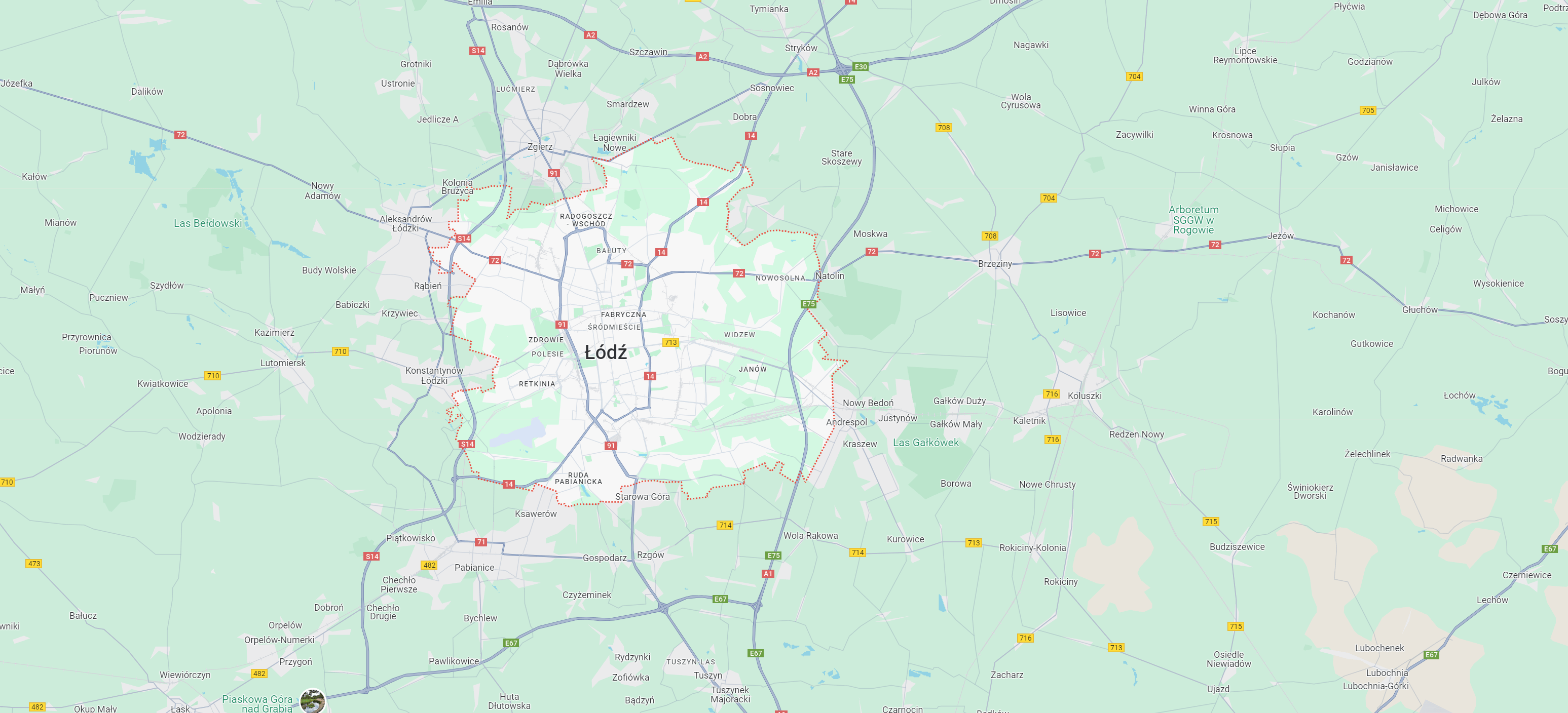 Mapa Łodzi i okolic, z wyraźnym oznaczeniem głównych dróg, osiedli oraz obszarów zielonych. Znajduje się tu centrum miasta oraz pobliskie miejscowości, co może być przydatne dla producentów myjni bezdotykowych w planowaniu lokalizacji.