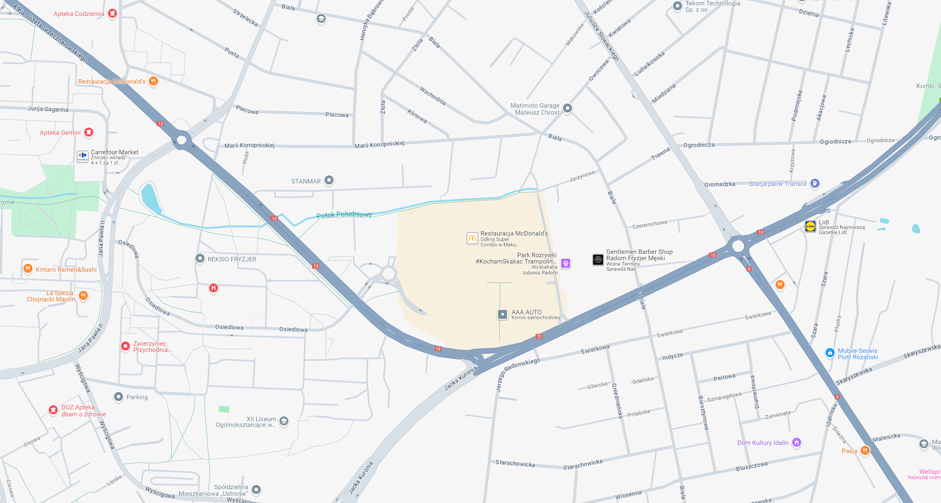 Mapa przedstawiająca lokalizację różnych punktów usługowych w Radomiu, w tym restauracji McDonald's, stacji paliw oraz innych obiektów handlowych i usługowych, z wyraźnym oznaczeniem głównych ulic i dróg.