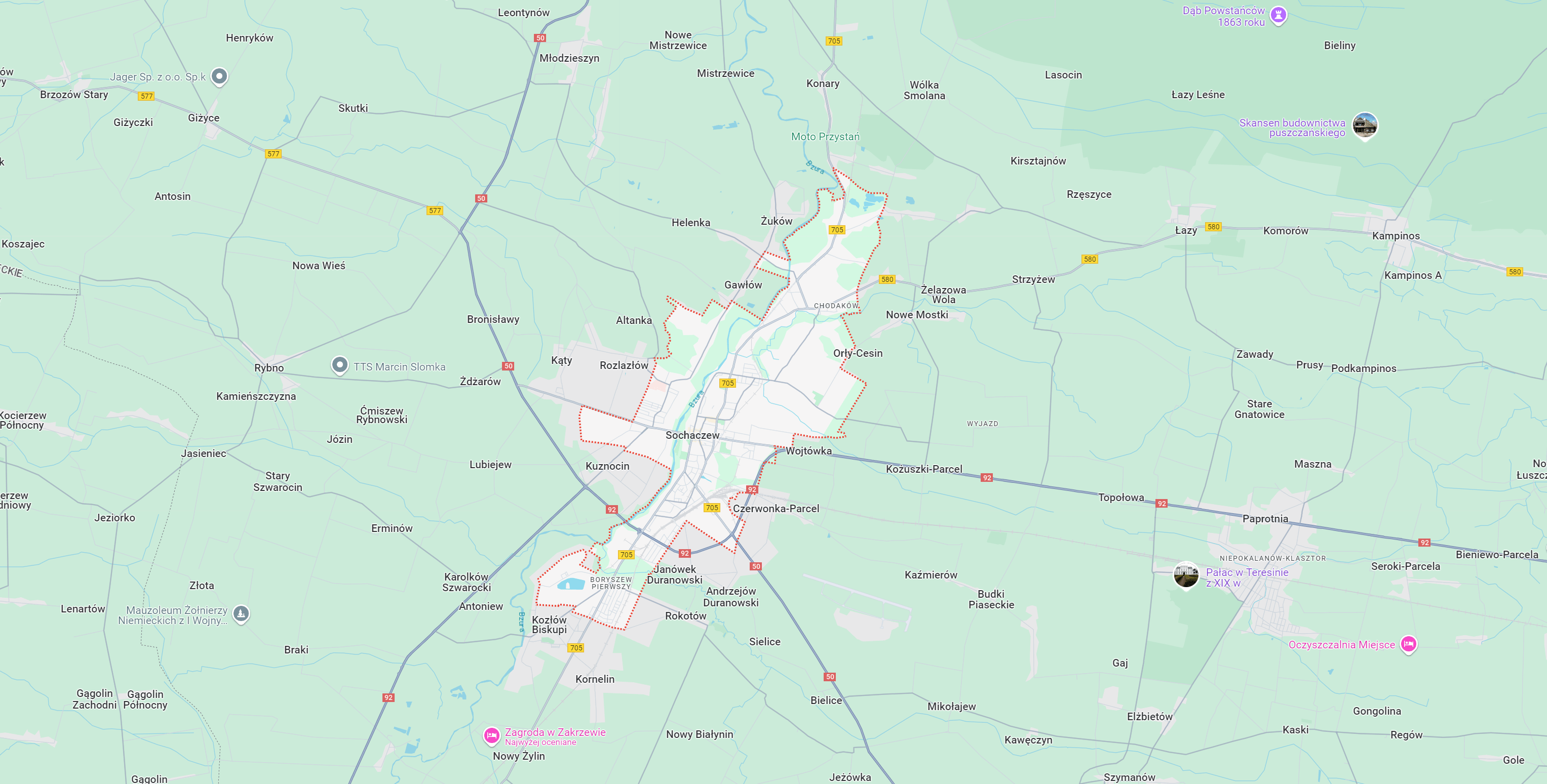 Mapa Sochaczewa z zaznaczonymi trasami i okolicznymi miejscowościami. Obszar miasta oraz pobliskie drogi, w tym trasa 705, są wyraźnie oznaczone. Idealna ilustracja dla producentów myjni bezdotykowych, planujących lokalizację usług.