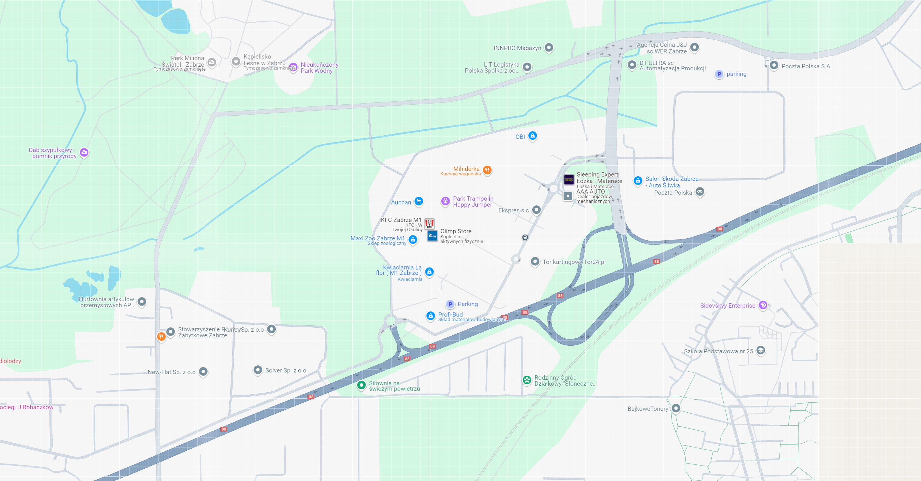 Mapa przedstawiająca lokalizację obiektów w Zabrzu, w tym ulice i punkty usługowe, takie jak centra handlowe, tarasy sportowe i miejsca parkingowe w pobliżu myjni bezdotykowych.